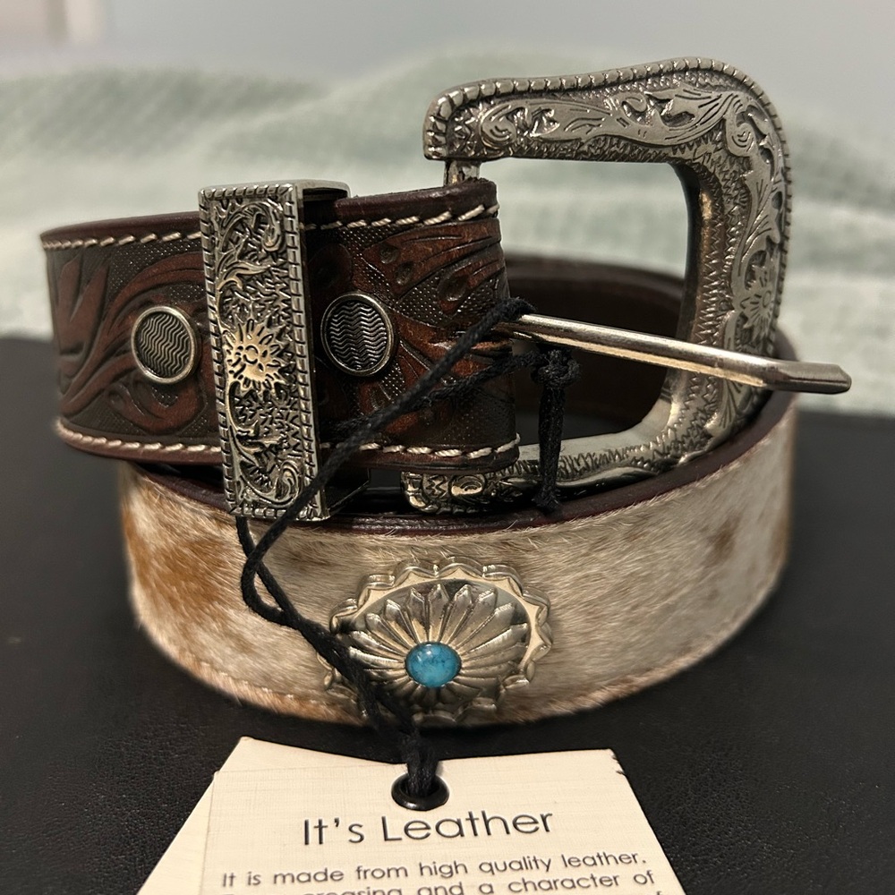 NEW Myra Mirky Brown Hand Tooled Cow Leather & Turquoise Belt Size Small NWT